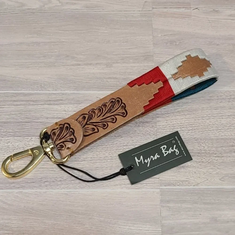 Myra Bag Tooled Leather Key Fob Wristlet Western Aztec Strap Keychain NWT